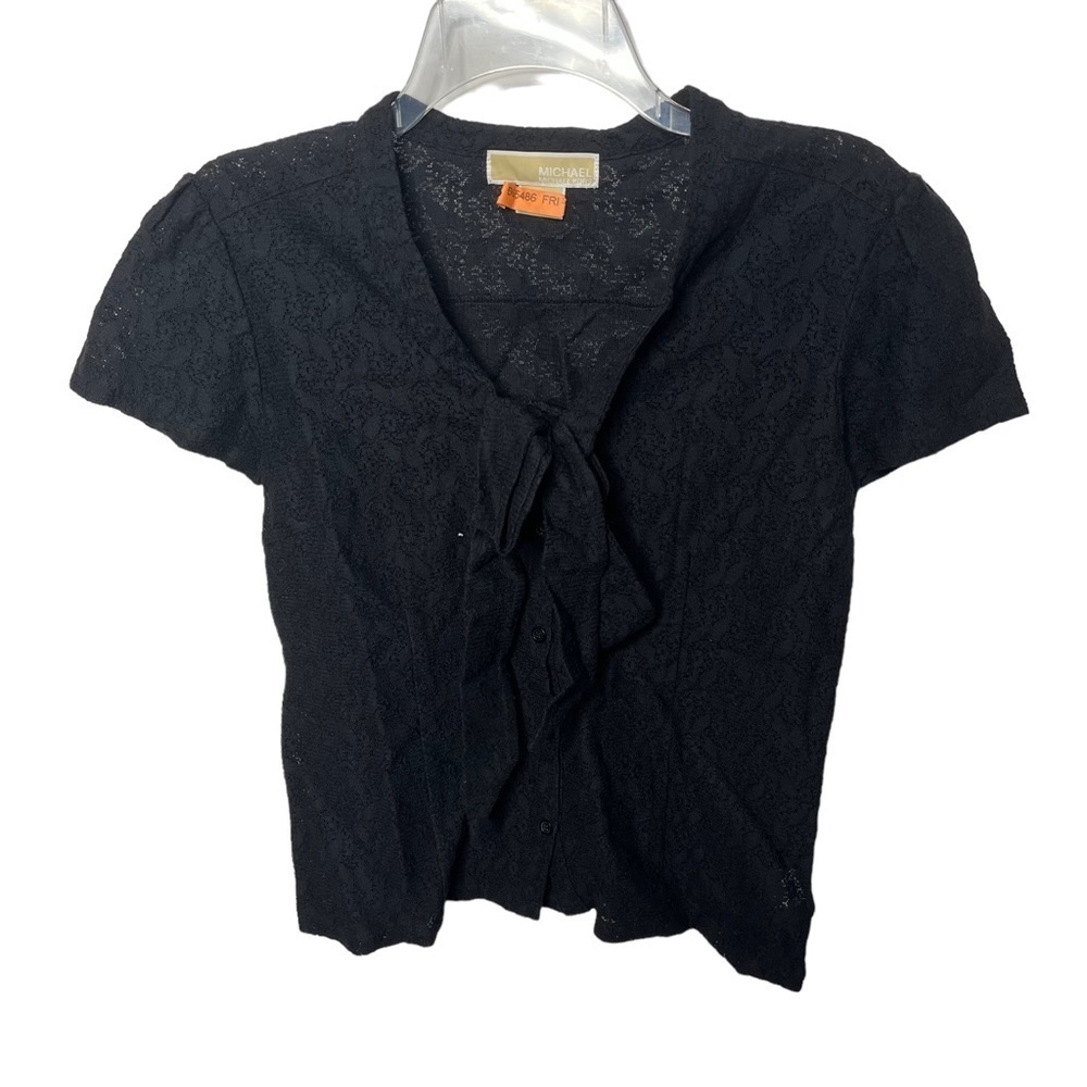 Michael Kors Sz Small Black Short Sleeve Eyelet Button Down Top Blouse Bow Tie